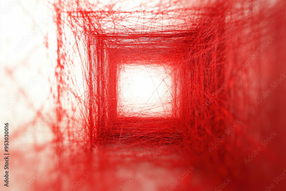 Poster Abstract red thread art installation creating a geometric pattern in a cube, symmetrically arranged to form a mesmerizing and intricate focal point.