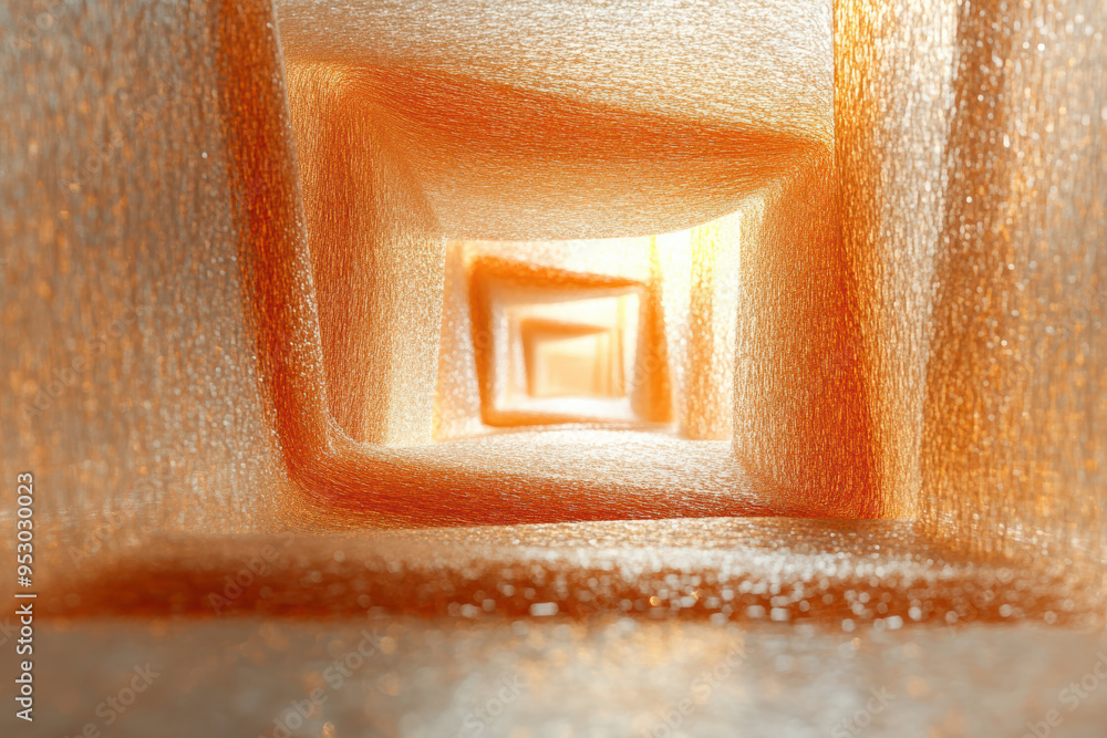 Poster abstract view of orange glowing textured cubes aligned in a tunnel-like formation, showcasing captiv