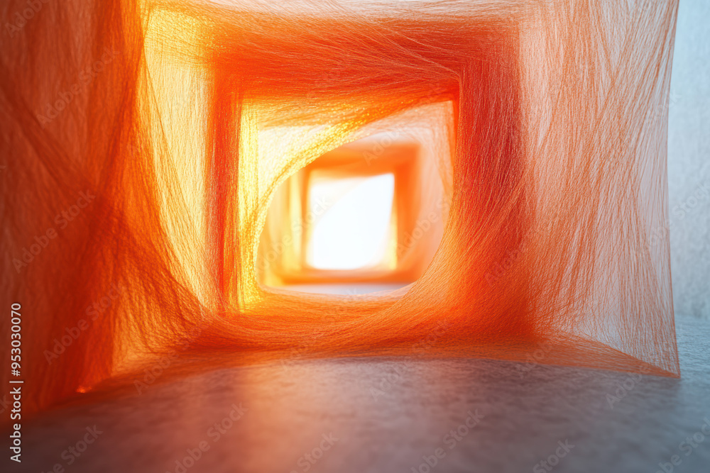 Poster abstract geometric pattern of translucent orange fabric creating an intricate and vibrant tunnel-lik