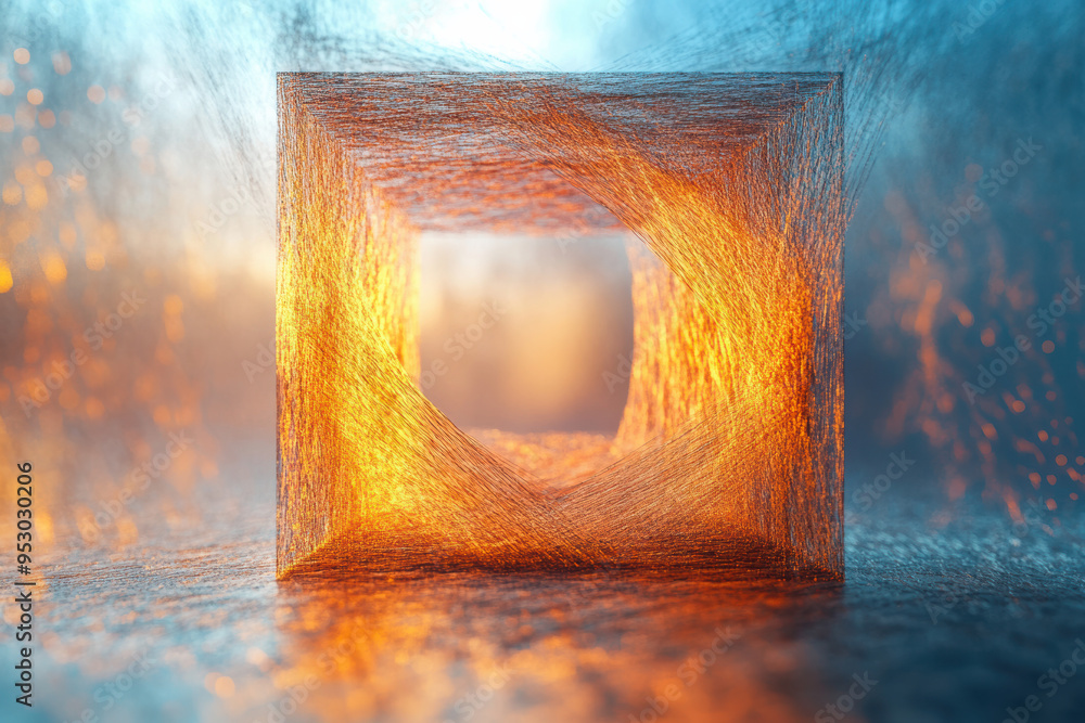 Poster abstract geometric structure captured in amber lighting against a textured background, merging art a
