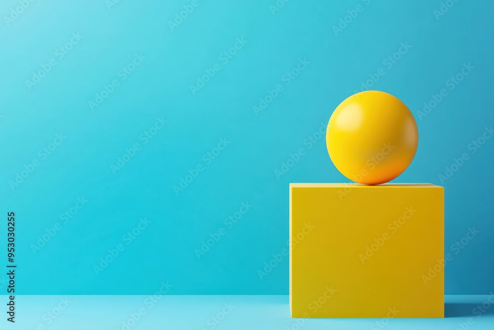 Poster minimalistic image of a yellow sphere on a yellow cube set against a blue background, creating a vib