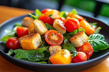 Salad Crunchy, Juicy, and Tender depicted in a salad that perfectly balances different textures, from the crunch of croutons to the juiciness of tomatoes and the tenderness of greens