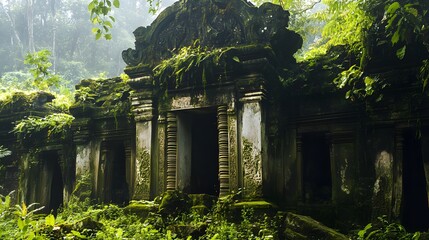 Ancient jungle ruin hidden among thick vines and moss-covered stones intricate carvings adorn weathered structures surrounded by dense greenery