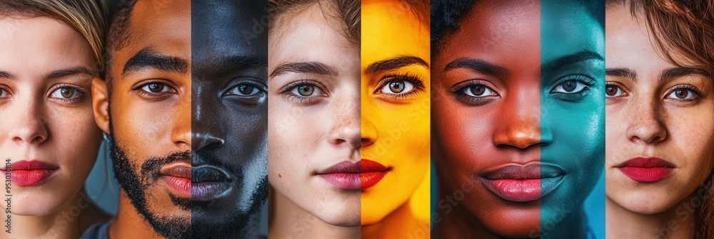Aufkleber brightly colored faces are separated by a barrier, symbolizing diversity and the ongoing issues of d