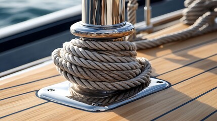 Close-Up of Nautical Rope Wrapped Around Polished Metal Cleat