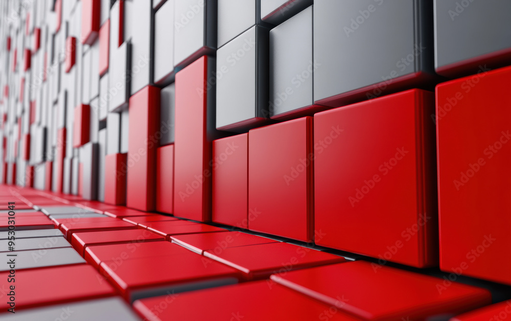 Poster abstract of red and gray geometric cubes creating a modern and dynamic pattern, perfect for backgrou
