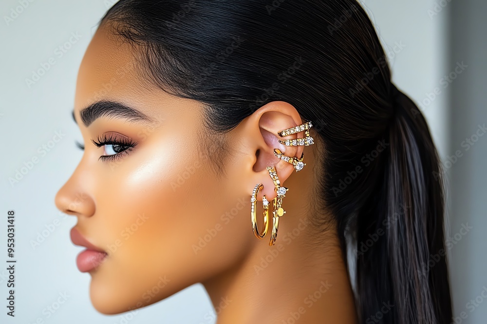 Poster Stylish ear piercings with multiple studs and hoops, depicted in an artwork where an ear is adorned with various studs, hoops, and cuffs in different metals, creating a layered and trendy look