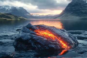 Fototapeta premium Molten lava rock cooling on water surface amid stunning mountainous landscape at sunset, displaying nature's raw power and beauty.