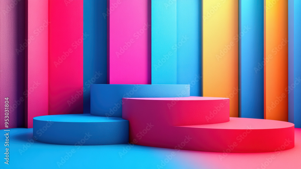 Poster vibrant multicolored abstract backdrop with geometric shapes and gradients, featuring a modern and d