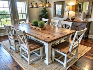 Fototapeta premium Custom farmhouse furniture georgia rustic style wooden tables Sauder style dining sets distressed wood finish farmhouse