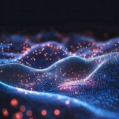 The image is a blue wave with many small dots scattered throughout it