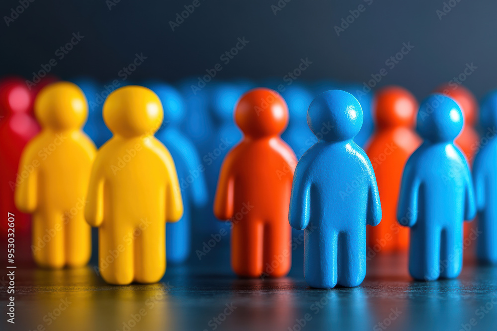 Poster colorful figures representing diversity and inclusion, standing together against a dark background, 
