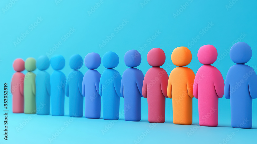 Poster colorful row of human-shaped figures on a blue background, representing diversity and unity in a min