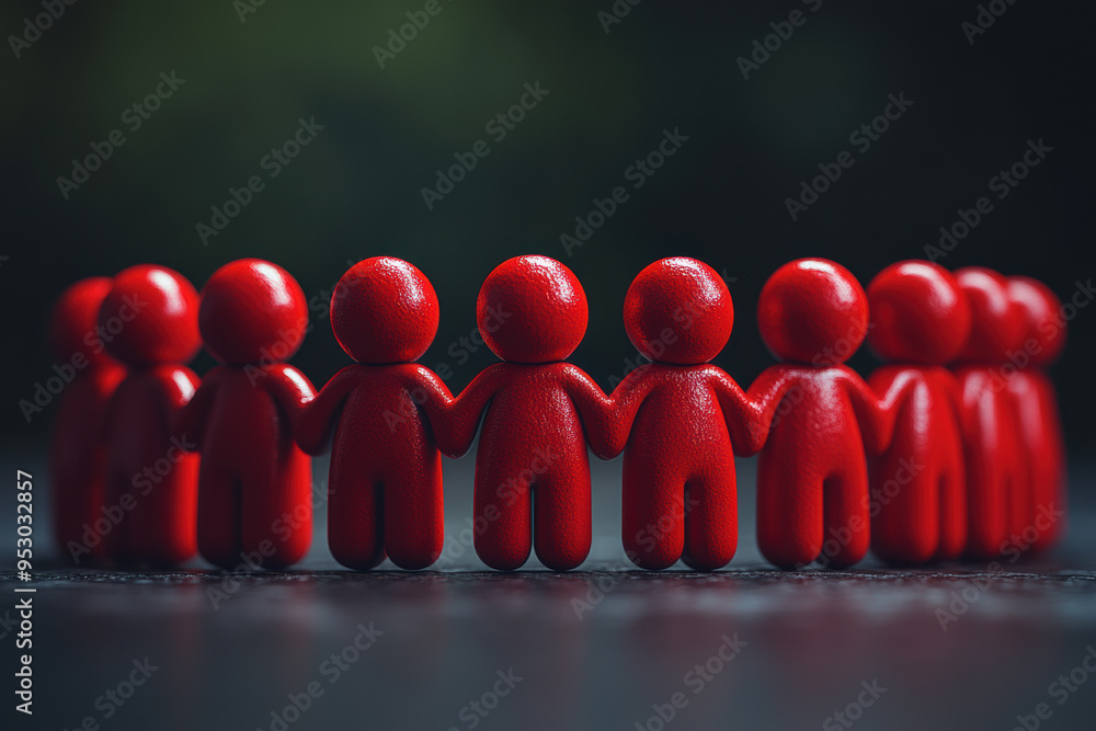 Poster close-up of red figurines holding hands in a circle on dark background, symbolizing unity and teamwo