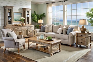 Fototapeta premium Distressed wood farmhouse furniture designs with natural linen upholstery in coastal style for modern country home