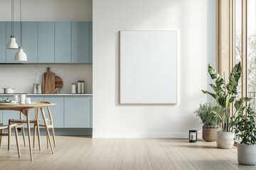 Fototapeta premium Poster Mockup in Kitchen Interior with White Wall created with Generative AI