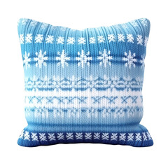 Soft blue and white knitted pillow featuring a decorative pattern of snowflakes, perfect for cozy home decor and winter ambiance.