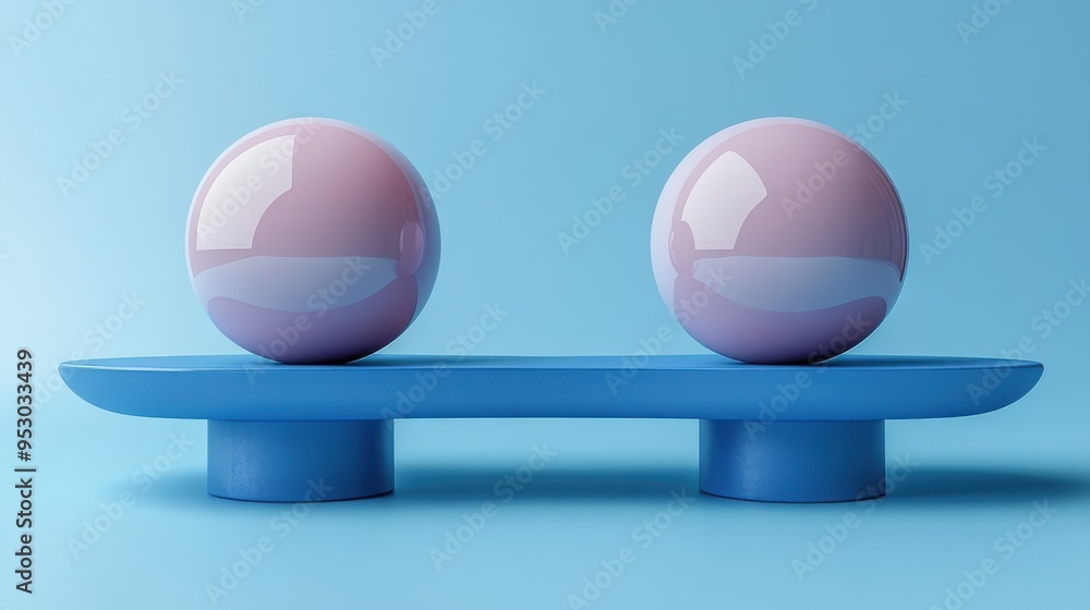 Aufkleber 3d render of blue and gold balls on weighing scales with geometric shapes on a blue background repre