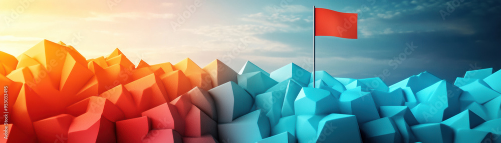 Aufkleber conceptual image of red and blue abstract poly shapes meeting at a red flag boundary, symbolizing di