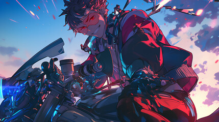 male anime character in cyberpunk clothing riding a futuristic super motorcycle