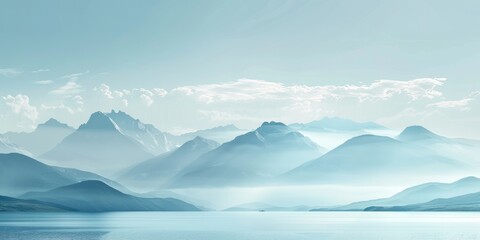 A wide-angle digital creation featuring stacked mountains descending to a serene ocean, reflecting the core qualities of the initial image through meticulous temperature and exposure modifications.