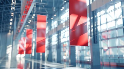 Empty room with large hanging blank signs, perfect for your text.
