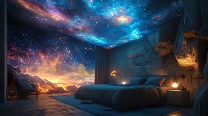 Obraz premium Cozy Bedroom with a Cosmic Mural and Starry Decor for a Tranquil Dreamlike Vibe