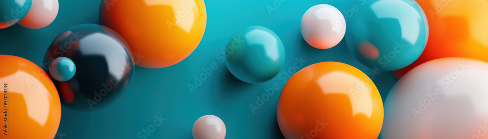 Poster abstract close-up of colorful, glossy spheres in various sizes against a turquoise background, creat
