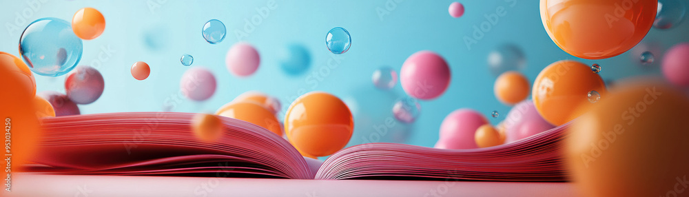 Aufkleber vibrant illustration of an open book with colorful floating spheres, creating a whimsical and imagin