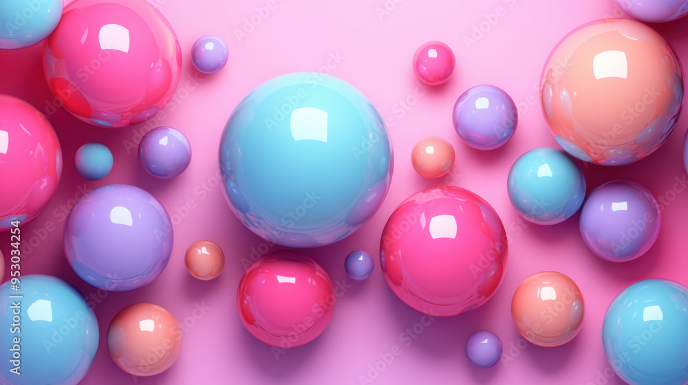 Aufkleber colorful glossy spheres of varying sizes on a pink background creating a vibrant and playful abstrac