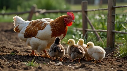Fototapeta premium Mother hen with little chickens in a rural yard. Hen guides her brood of tiny chicks in green paddock.