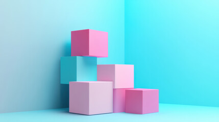 Obraz premium Colorful minimalist abstract background with stacked pastel cubes against a light blue and pink gradient wall, modern geometric design.