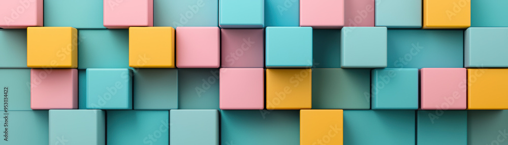Poster colorful geometric background with alternating pastel colored cubes in a grid pattern, creating a mo
