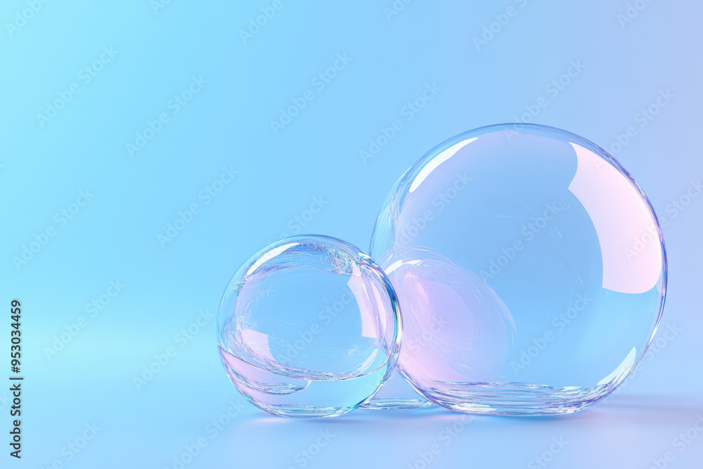 Poster Two transparent bubbles on a smooth blue gradient background, showcasing simplicity and elegance in a minimalist style.
