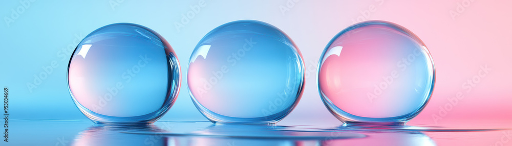 Poster three glass spheres with colored light reflections on a surface, creating a beautiful abstract and m