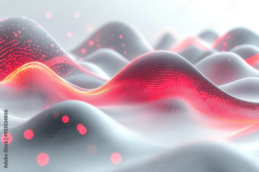 Poster abstract digital landscape with glowing red dots and smooth waves, futuristic design concept with el
