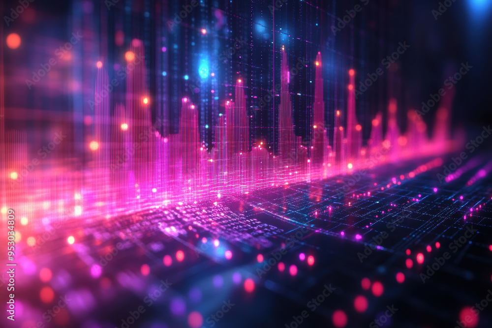 Poster bright, colorful digital data visualization with flowing wave patterns and glowing points on a dark 