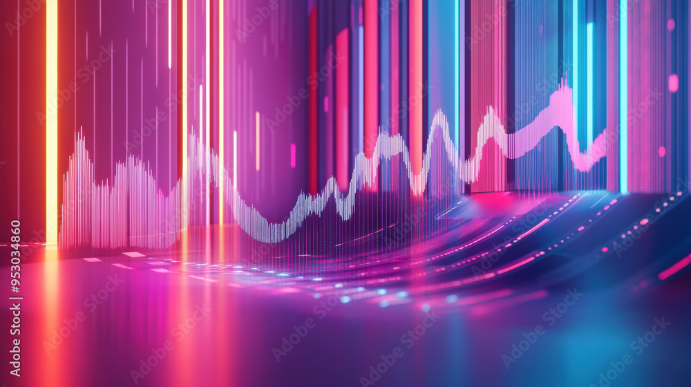 Poster vibrant digital abstract with colorful, futuristic light trails and dynamic waveforms. perfect for t