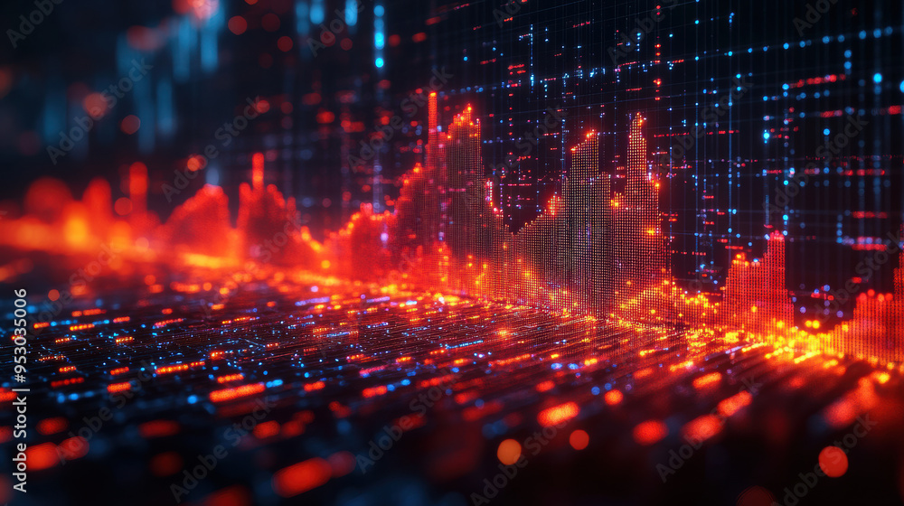 Poster vibrant digital data visualization with abstract graphs, glowing lines, and dots on a dark backgroun