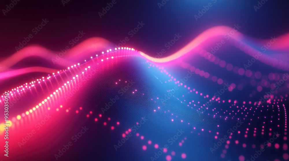 Poster abstract digital wave with vibrant neon lights in pink and blue. futuristic technology concept with 
