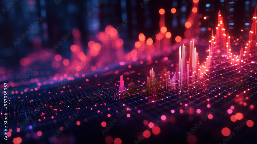 Poster abstract futuristic data visualization with glowing charts and graphs on a digital grid, illustratin
