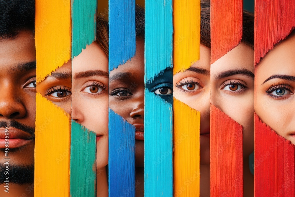 Poster faces of different backgrounds demonstrate diversity and separation through bold colors and barriers