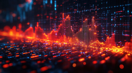 Fototapeta premium Vibrant digital data visualization with abstract graphs, glowing lines, and dots on a dark background, representing technology and analytics.