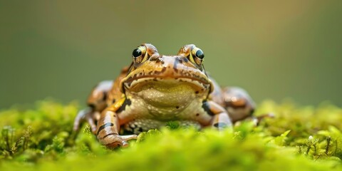 Obraz premium Close-up of a common brown frog on a moss-covered surface.