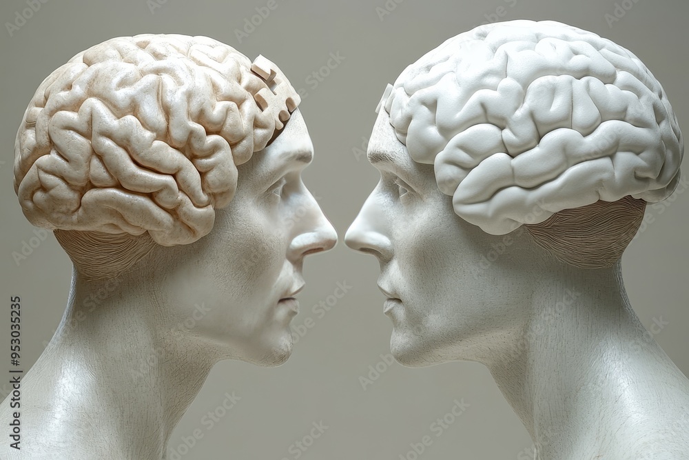 Poster two human figures facing each other with brain overlays symbolizing intellectual connection neurosci