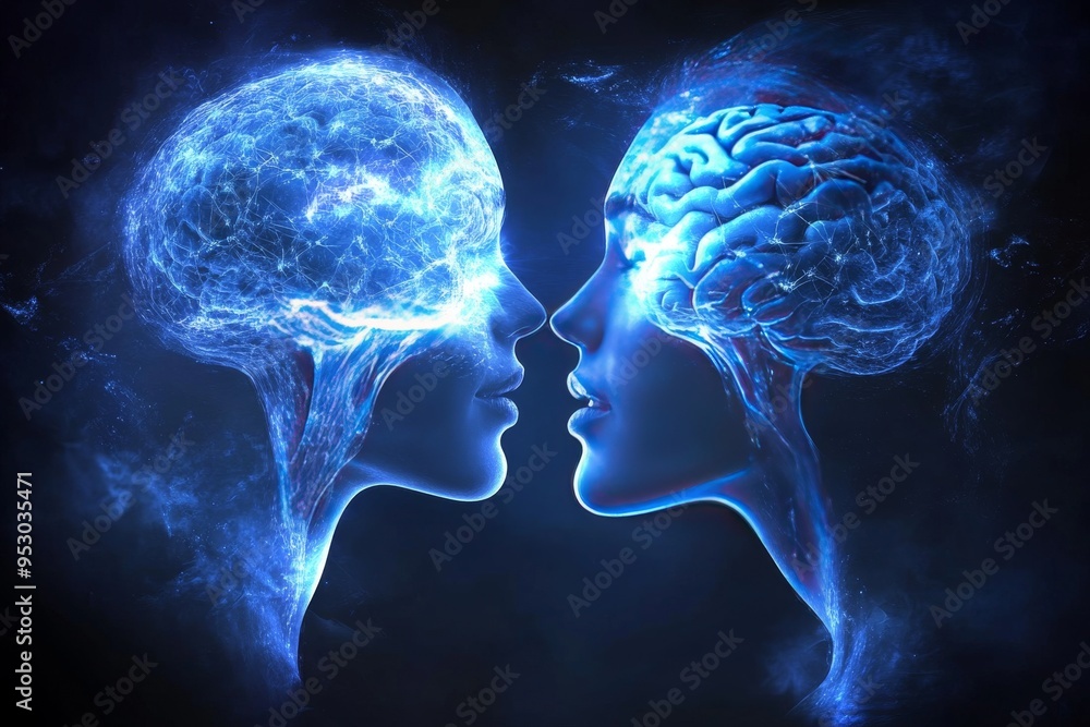 Aufkleber two digital blue brains facing each other symbolizing futuristic communication ai interaction and th