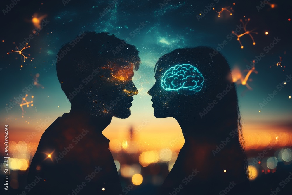 Poster silhouette of two people facing each other with glowing brain overlays emphasizing the theme of inte