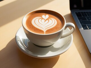 Close-up view of a white ceramic cup filled with a frothy cappuccino, placed on a matching saucer