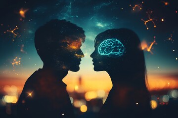 Silhouette of two people facing each other with glowing brain overlays emphasizing the theme of intellectual connection thought exchange and neural interactions at dusk