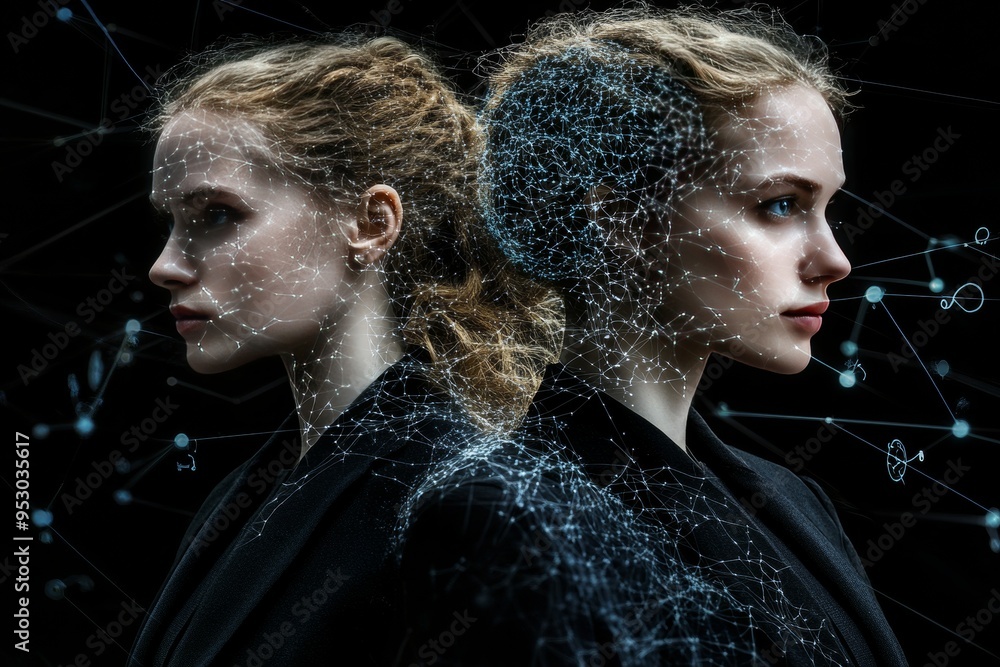 Poster two women with fractal patterns and brain overlays representing the duality of thought inner complex